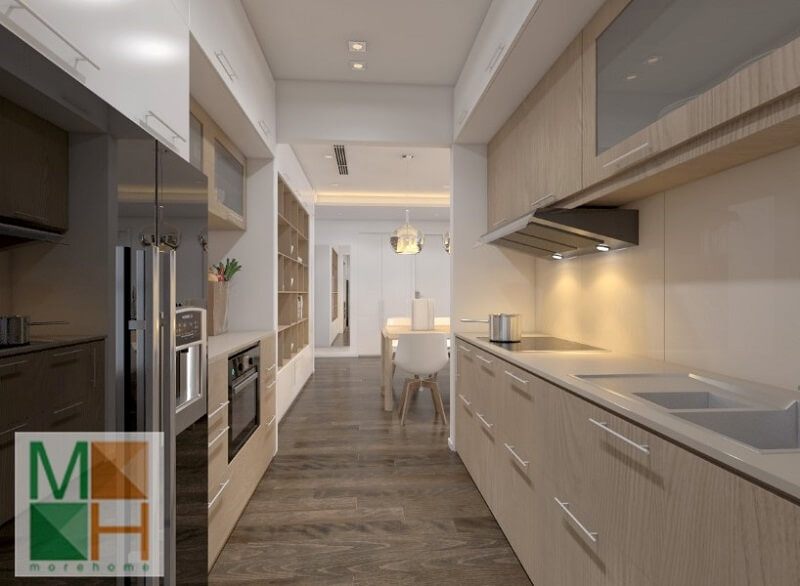 Mẫu thiết kế hệ tủ bếp gỗ đẹp sử dụng gỗ công nghiệp An Cường cao cấp màu sáng mang đến vẻ đẹp cho phòng bếp